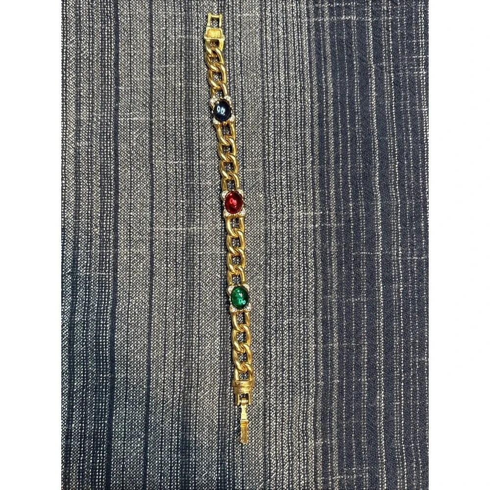 Vintage Puccini Multicolor Cabachon Gold Tone Clear Rhinestones Bracelet